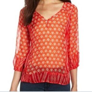 New LUCKY BRAND CALEY BOHO TOP Orange IKAT SHEER Blouse SZ L SUMMER SPRING